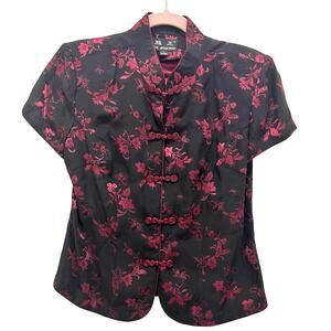 Vintage Silk Blend Asian Shirt Medium Dark Floral Butterfly Traditional Chinese
